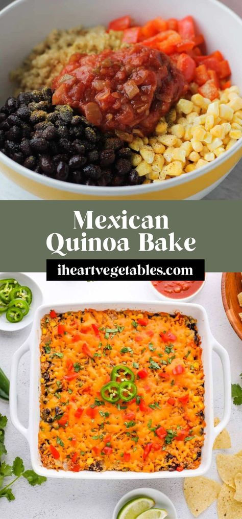 This Mexican Quinoa Bake is a delicious vegetarian casserole made with quinoa, black beans, and plenty of vegetables! This one pan meal is filled with flavor and it’s a hearty main dish! Yummy Lunch Recipes, Quinoa Bake, Quinoa Casserole, Mexican Quinoa, One Pan Meal, Vegetarian Casserole, Healthy Mexican, Vegan Lunch Recipes, Easy Mexican