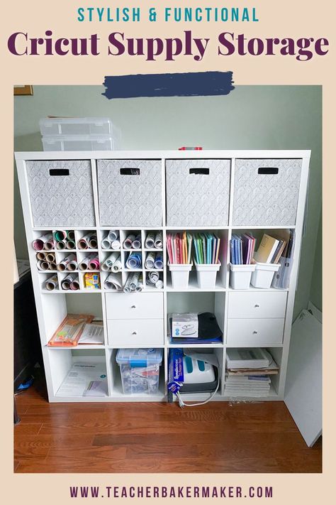 4x4 white Ikea Kallax cube storage unit with 4 gray diamonds fabric bins, wine bottle rack for rolls of vinyl, white plastic bins for card stock, and drawers to hold Cricut supplies. Cricut Supply Organization, Linnmon Table Top, Cricut Storage, Ikea Kallax Shelving, Kallax Shelving, Kallax Shelving Unit, Supply Organization, Craft Table Diy, Craft Supply Storage