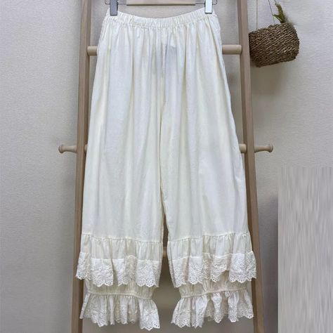 Japanese Mori Girls Lace Cotton Bloomers Pants Lolita Princess Loose Trousers | eBay Wide Leg White Pants, Japanese Patchwork, Ruffle Bloomers, Lace Layers, Romantic Outfit, Loose Trousers, Medieval Clothing, Mori Girl, Shabby Chic Style