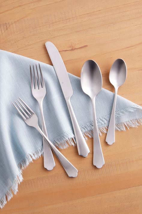 This refined yet rustic Modern Farmhouse Flatware Collection shines on any dining table and perfectly complements your modern farmhouse aesthetic. Made of stainless steel with a polished finish, this collection of silverware with decorative tapered handles is perfect for everyday dining or entertaining. #WorldMarket #Flatware #Silverware #Dining #Dinnerware Farmhouse Flatware, Farmhouse Dinner, Eclectic Dining Room, Wooden Dining Set, Farmhouse Aesthetic, Flatware Sets, Contemporary Dining Table, Soup Spoon, Fork Set