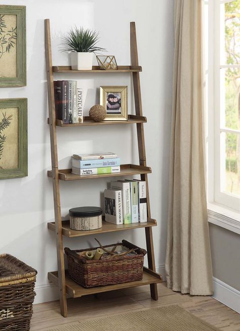 Convenience Concepts American Heritage 5-Shelf Ladder Bookcase, Driftwood - Walmart.com - Walmart.com Ladder Shelf Office Decor, Ladder Bookshelves Living Room, Coastal Bookshelf Decor Living Room, Book Shelf Ladder Decor, Ladder Bookshelf Ideas, Leaning Shelf Bathroom, Diy Leaning Bookshelf, Ladder Bookcase Diy, Ladder Style Bookshelf