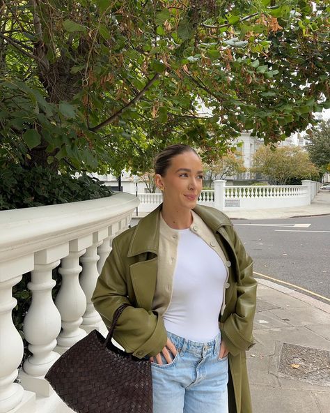 sophia tuxford (@sophiatuxford) | Instagram profile Sophia And Cinzia, Sophia Tuxford, Olive Green Coat, Last Friday Night, Capsule Wardrobe Outfits, Long Leather Coat, Faux Leather Coat, Skin Glowing, Aesthetic Fits