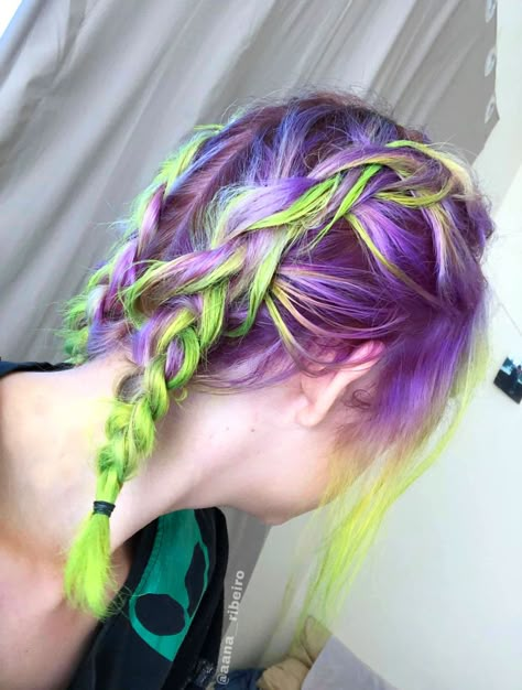 Colorful hair neon green purple short hair Green Purple Hair, Purple Short Hair, Purple And Green Hair, Short Green Hair, Lilac Hair Color, Neon Green Hair, Color Block Hair, Split Dyed Hair, Cute Hair Colors