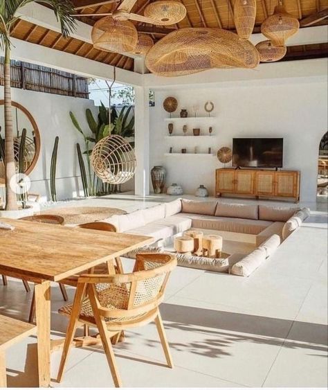 Modern Mediterranean Apartment, Mexican Modern House Interiors, Boho Mediterranean Decor, Mexican Beach House, Balinese Interior, Bali Style Home, Kovalam, Mediterranean Interior, Bali House