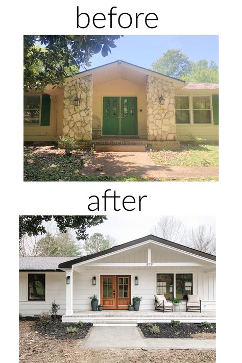 Bungalow Exterior Makeover Before After, Window Before And After, Small House Exterior Remodel, Front Of House Before And After, House Restoration Before And After, Removing Shutters Before And After, Ranch Home Exteriors Before And After, Small Home Remodel Before After, Flat Front House Makeover