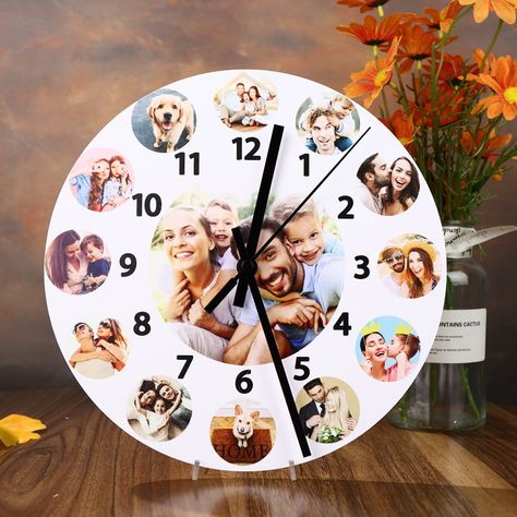 Custom photo silent clock Walking Photo, Photo Wall Clocks, Acrylic Rangoli, Photo Clock, Wooden Living Room, 1st Birthday Pictures, Custom Clocks, Floral Cards Design, Diy Photo Frames