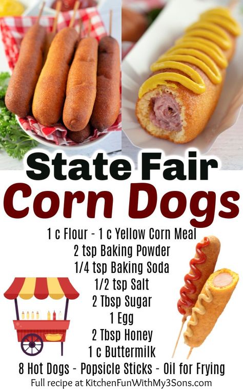 State Fair Corn Dogs, Fair Corn Dogs, Homemade Corn Dogs, Homemade Corndogs, Corndog Recipe, State Fair Food, Fun Dinner, Carnival Food, Corn Dog