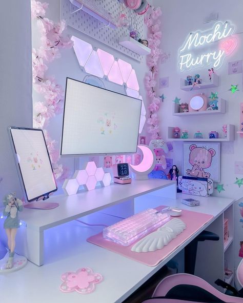 Pretty Gaming Room, Cute Pc Desk Setup, Sakura Pc Setup, Female Gamer Setup, Pc Setup L Desk, Pc Gaming Setup L Shaped Desk, Pink Set Up Gaming, Girly Computer Desk Setup, Girly Gaming Setup Aesthetic