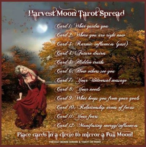 Harvest moon tarot spread | Tarot Card Layout | Oracle Cards | Cartomancy | Divination | Psychic | Occult | Moon Ritual | Wicca | Ceremony Oracle Spreads, Full Moon Tarot, Tarot Card Layouts, Witch Tarot, Tarot Card Spreads, Tarot Tips, Tarot Spread, Oracle Tarot, Tarot Card Meanings