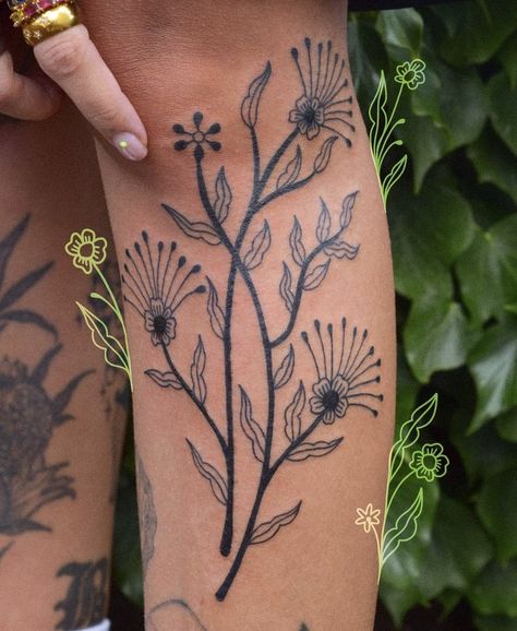 Black And White Line Work Tattoo, Desert Tattoo Ideas Sleeve, Coinciding Tattoos, Desert Style Tattoo, Uu Chalice Tattoo, Traditional Folk Flower Tattoo, Woman Knee Tattoo, Folk Art Flowers Tattoo, Hippy Tattoos For Women