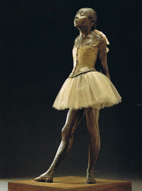 The "Little Dancer of Fourteen Years" ("French: La Petite Danseuse de Quatorze Ans"), one of Degas’ most famous sculptures, was originally done in wax during c. 1881, and not cast in bronze until 1922. It is dressed in a cotton skirt and with a hair ribbon. Degas Ballerina, Degas Dancers, Tutu En Tulle, Mary Cassatt, Edouard Manet, Mixed Media Sculpture, Edgar Degas, Painting Reproductions, Bronze Sculpture