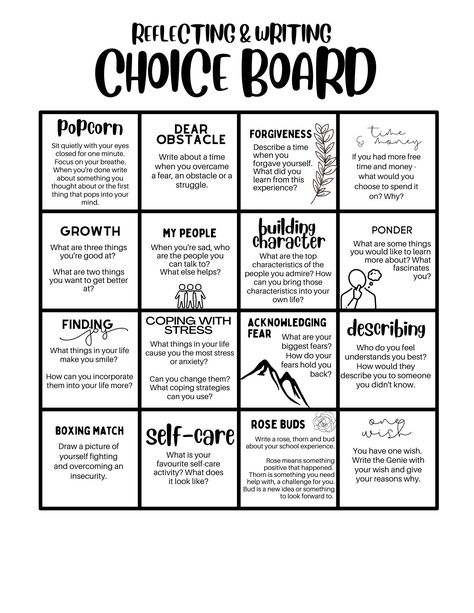 Social Work Practicum, Choice Boards Middle School, Board Classroom, Mental Health Activities, Choice Board, Choice Boards, School Social Work, Counseling Activities, Therapy Worksheets