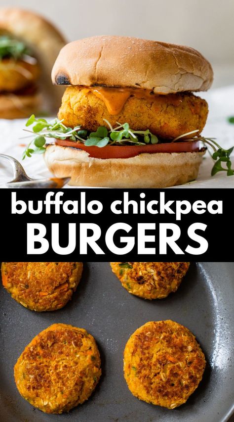 Buffalo Chickpea Burger, Chickpea Veggie Burger, Chic Pea Burger Recipe, Air Fryer Veggie Burger, Chickpea Burgers Easy, High Protein Veggie Burger, Wfpb Recipes No Oil Easy, Garden Burger Recipe, Vegetable Burgers Recipe