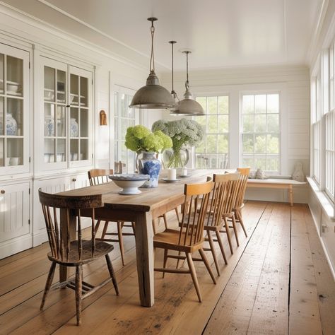 Wind The Key (@windthekey) • Instagram photos and videos Coastal Farmhouse Dining Room, Blue And White Dining Room, Modern Cottage Kitchen, Cottage Dining Room, Rustic Dining Room Table, Cottage Dining, Paneled Walls, Cottage Dining Rooms, Country Dining