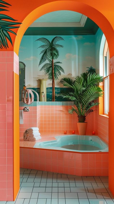 If I Designed an Airbnb Mansion: Bringing the Vibrant Vibe to Life — Living Bright Interiors 1980s House Interior Design, Pink Orange Bathroom, Airbnb Themes, Eclectic Powder Room, Eccentric Bathroom, Colours Interior Design, Colorful Bathroom Ideas, Sunset Interior, 1960s Interior Design