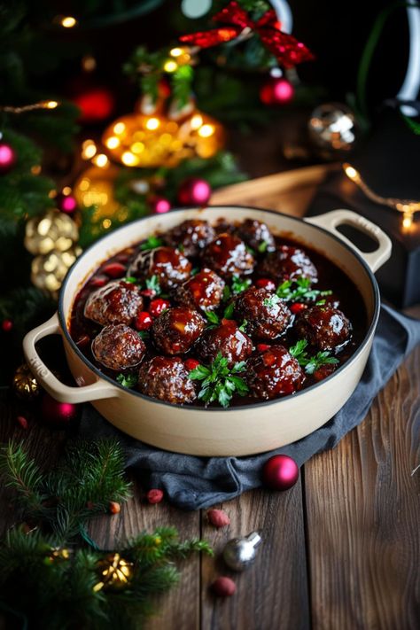 These sweet and savory Christmas meatballs, made with ground beef, port wine, and a rich sauce, are just what you need for your next holiday party! Cute Christmas Dinner Ideas, Holiday Meatballs Appetizer Ideas, Christmas Meatball Recipes, Christmas Dinner Appetizer Ideas, Christmas Food Inspiration, Food Recipes For Christmas Dinner, Christmas Eve Dinner Party Ideas, Winter Hosting Food, Cooking With Port Wine