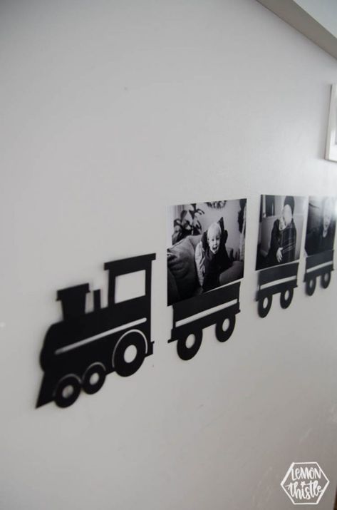 train of photos of the birthday boy! perfect party decoration for a modern train themed second birthday party- simple to cut using the cricut #birthdayparty #trainparty #cricutmade Train Baby Shower Theme Boys, Boys Train Birthday Party Ideas, Trains Birthday Party Theme, Modern Train Birthday Party, Toddler Train Birthday Party, Two Year Old Train Birthday Party, Vintage Train Birthday Party, Train Birthday Party Decorations, Train Themed Birthday Party