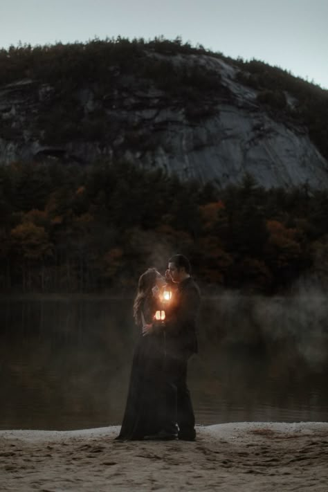 Night Elopement Photography, Spooky Elopement, Lantern Photoshoot, Tennessee Elopement, Gothic Wedding Theme, Wedding Photo Inspo, Moody Wedding Photography, Dark Beach, Gothic Photography