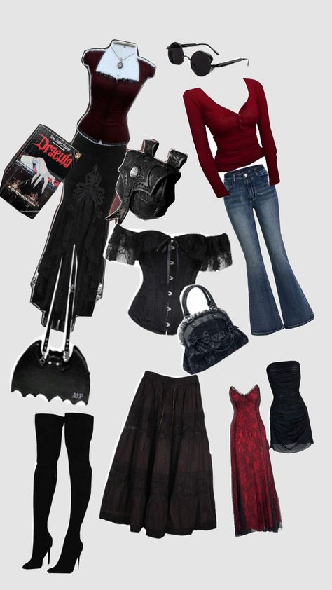 Vampire inspired fits Vampire Goth Casual, Vampire Outfits Halloween, Vampire Diaries Outfits Aesthetic, Vampires Girlfriend Aesthetic Outfits, Vampire Gf Outfit Aesthetic, Vampiric Goth Outfits, Vampire Style Aesthetic, Romantic Vampire Aesthetic Outfits, Vampire Party Outfit