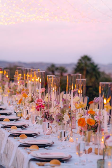 Wedding Hanging Centerpieces, Colored Glasses Wedding Table, Wedding Color Schemes Romantic, Elaborate Wedding Florals, Classy Garden Party Wedding, Upscale Garden Wedding, Wedding Flowers Summer Centerpieces, Meadow Wedding Aesthetic, Bright Wedding Table Decorations