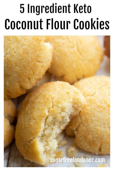 These are the best easy keto coconut flour cookies! With only 5 basic ingredients, this fail-safe low carb coconut cookies recipe is ready in just 20 minutes. We're talking soft, moist sugar free cookie heaven with a gentle crunch. Simple, mouthwatering snack-time goodness! #ketocookies #coconutflourcookies #sugarfreecookies #healthycookies Coconut Flour Butter Cookies, Keto Recipes Using Coconut Flour, Coconut Flour Desserts, Sugar Free Cookie, Recipes Using Coconut Flour, Postres Keto, Coconut Flour Cookies, Coconut Cookies Recipes, The Boiled Egg Diet