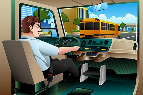 School Bus Driver Driving a Bus Retriever Illustration, Cartoon School Bus, Golden Retriever Illustration, Bus Drawing, Bus School, Gif Background, Buses For Sale, Bus Tour, How To Drive