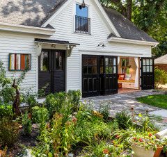 Garage Conversion - Traditional - Shed | Houzz Using Garage As Living Space, Brick Carriage House Garage, Garage Conversion Ideas Before And After, Converted Garage Exterior, 70s Renovation, Carriage House Interior, Garage Door Conversion, Garage Living Space, Small Stone Cottage