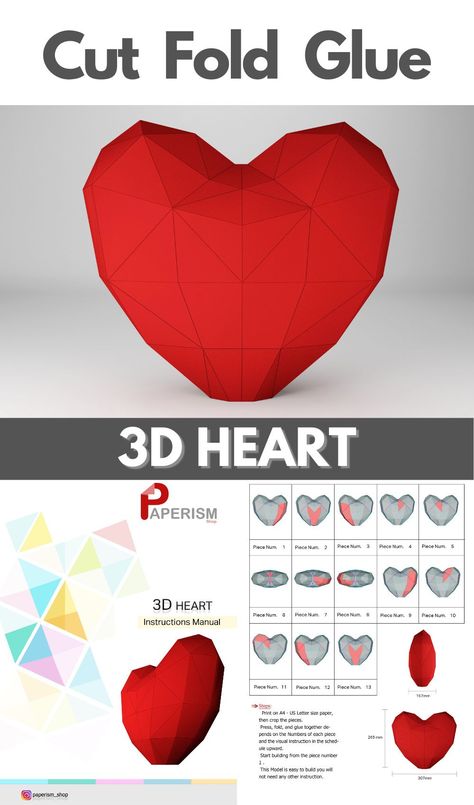 Heart model for valentine's day decoration or bedroom, office decoration, the file has pdf template and manual instruction its easy pdf template all you need is to print the file out then Cut, fold and glue. #paperheart #3dheart #howto #DIY #pdftemplate Hearts Paper Crafts, 3d Templates, Heart Sculpture, Heart Model, Heart Paper, Scoring Tool, Heart Printable, Origami Heart, 3d Heart