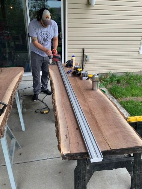 I was in MN this past weekend and my brother wanted to make a bookmatched, live edge, walnut dining table. If you’re not familiar with bookmatched, it’s two consecutive slabs from a log that you can glue together to make a larger slab and the grain and character match up very well. He didn’t have the shop or tools I have in Nashville so this is a great diy project!!! First thing I wanted to have is a set of calls. We used 8’ 2x4s cut in half and glued and screwed together. These woul… Live Edge Table Diy, Live Edge Walnut Dining Table, Hairpin Dining Table, Glow Table, Build A Farmhouse Table, End Table Makeover, Dining Table Makeover, Epoxy Projects, Shiplap Wall Diy