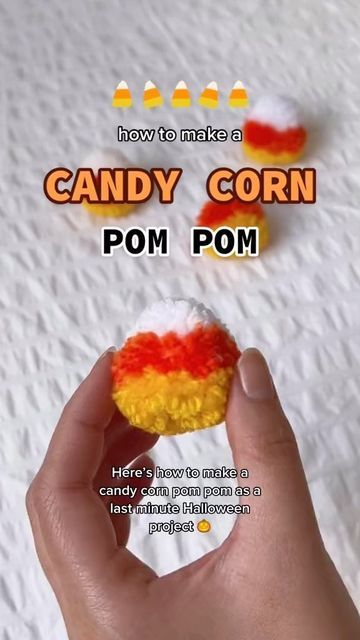 Candy Corn Yarn Craft, Candy Corn Banner Diy, Diy Halloween Yarn Crafts, How To Do Pom Poms, Halloween Fiber Art, Fall Yarn Garland Diy, Diy Candy Corn Garland, Candy Corn Pom Pom, Diy Halloween Pom Pom Garland