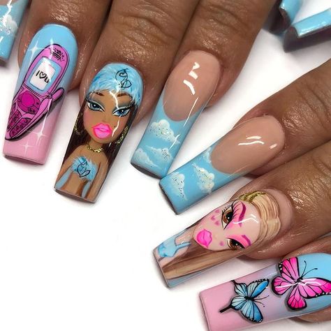 Bratz Doll Nails Design, Vine Red Nails, Bratz Nails Art, Bratz Nails Acrylic, Red Nails Y2k, Bratz Inspired Nails, Bratz Nails Design, 90 Nails The 90s Art Designs, Nail Art Character