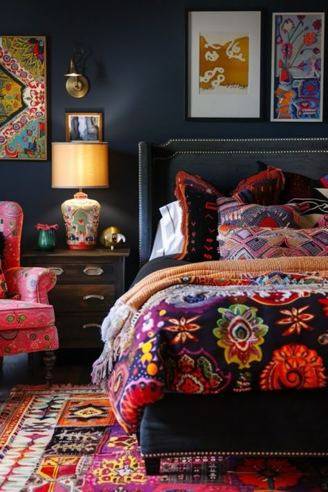 Black And Jewel Tone Bedroom, Maximalist Guest Bedroom, Jewel Tone Boho Bedroom, Feminine Eclectic Decor, Pattern Mixing Home Decor, Eclectic Moody Bedroom, Jewel Tone Bedding, Boho Maximalism Bedroom, Dark Eclectic Bedroom