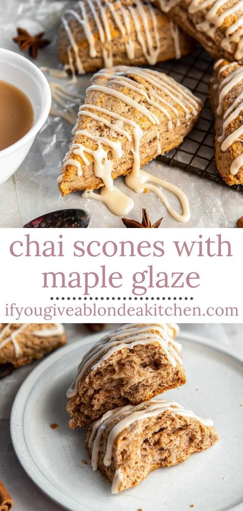 Looking for a sweet cozy breakfast pastry recipe? Give these Chai Scones with Maple Glaze a try! They are perfectly flaky and tender and easy to make from scratch. Make them this fall and winter! Maple Chai Scones, Chai Tea Scones, Chai Scones With Maple Glaze, Maple Glaze For Scones, Fall Flavored Scones, Chai Scones Recipe, Savory Scones Recipe Breakfast, Chai Recipes Food, Dairy Free Scones Recipe