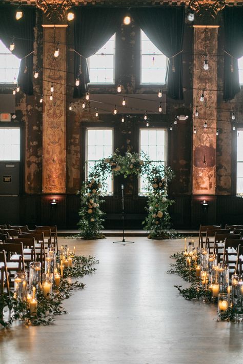 Wedding Alter Floor Decor, Wedding In Old Building, Indoor Alter Ideas, Dark Wedding Ceremony Aesthetic, Wedding Altar Greenery, Urban Wedding Ceremony, Church Wedding Venue Ideas, Smilax Arch, Milwaukee Wedding Venues