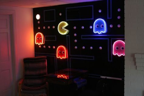 Pacman wall Light Blue Walls, Video Game Rooms, Video Game Room, High Waist Yoga Pants, Gaming Decor, Game Room Decor, Room Decorating, Pocket Leggings, Arcade Games