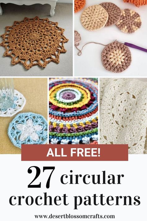 circular crochet pattern collage Crochet Coasters Free, Free Crochet Coaster Patterns, Crochet Coaster Patterns, Circular Crochet, Crochet Washcloth Free, Crochet Circle Pattern, Coaster Tutorial, Coaster Patterns, Crochet Placemat Patterns