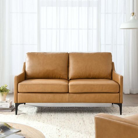 Corrigan Studio® Impart Genuine Leather Loveseat In Tan | Wayfair Living Room Loveseat, Mid Century Modern Loveseat, Living Room Family, Rising Above, Plywood Frame, Modern Loveseat, Couch And Loveseat, Large Chair, Leather Loveseat