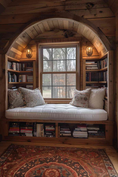 25 Bedroom Nook Ideas: Create a Cozy, Dreamy Corner! Nook Bedroom Ideas Small Rooms, Bedroom Seating Corner, Vintage Reading Nook Cozy Corner, Rustic Book Nook, Arch Reading Nook, Bedroom Inspirations Corner Bed, Big Circle Window, Cozy Nook Ideas Reading Areas, Loft Nook Ideas