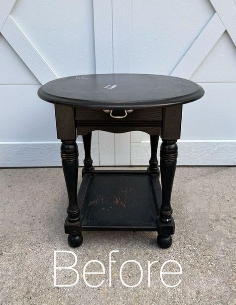 Two-Toned Painted Side Table | Confessions of a Serial Do-it-Yourselfer Two Tone Side Table, Refinishing End Tables Diy, Refurbished End Tables Diy Ideas, Pedestal Table Makeover, Refurbished End Tables, Round Side Table Makeover, Side Table Redo, Suitcase Makeover, Redo End Tables