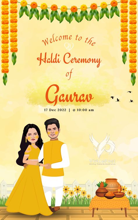 Illustrated design of Haldi ceremony with couples caricature Haldi Banner, Wedding Banner Design, Wedding Drawing, Haldi Ceremony, Wedding Banner, Hindu Wedding, Printable Designs, Indian Bride, Invitation Design