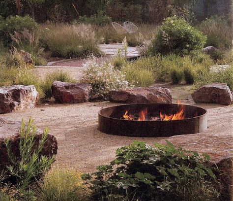 Two Men and a Little Farm: FIRE RING AREA INSPIRATION THURSDAY Arid Garden, Fire Pit Materials, Rustic Fire Pits, Native Gardens, Australian Native Garden, Metal Fire Pit, Fire Pit Furniture, Garden Fire Pit, Australian Garden