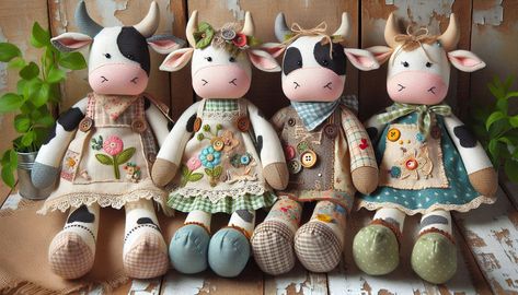 4 cotton Little cow doll in country patchwork style with small embroideries, visible seams, buttons, and patches, all in summer colors and details to give them a lived-in, worn, and aged look - Image Creator da Microsoft Designer Patchwork Cow, Dolls Handmade Diy, Create Sign, Create Image, Summer Colors, Cute Pattern, Dolls Handmade, Bing Images, Microsoft