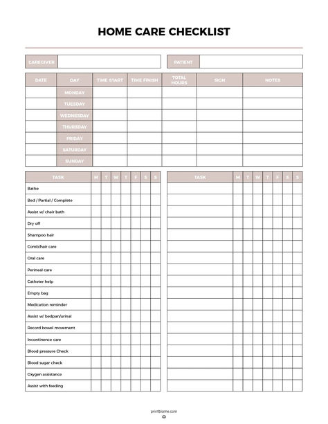 Printable caregiver daily checklist template with fields for caregiver and patient names, time logs, and a task list including daily caregiving duties with checkboxes for each day of the week. Caregiver Daily Log Sheet, Personal Assistant Duties, Daily Checklist Template, Elderly Caregiver, Medication Log, Caregiver Resources, Home Health Aide, Home Care Agency, Daily Checklist