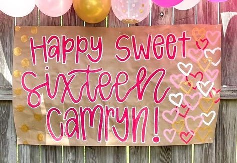 Sweet 16 Banner Ideas, Brown Paper Banner Ideas, Painted Birthday Banner, Brown Paper Banner, Birthday Banner Ideas, Sweet 16 Banner, Prom Poster, Sweet 16 Sign, Bday Banner