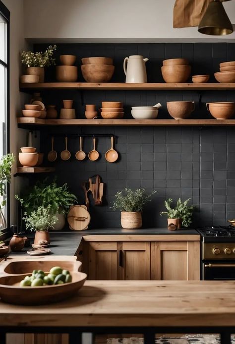 Rustic Modern Kitchens: The Perfect Blend of Old and New - Kitchen Informant Aesthetic Rustic Kitchen, Natural Aesthetic Kitchen, Kitchen Material Palette, Earthy Small Kitchen, Dark Boho Kitchen Ideas, Nature Kitchen Ideas, Neutral Cozy Kitchen, Cozy Contemporary Kitchen, Natural Material Kitchen