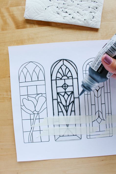 How To Do Faux Stained Glass Diy, Stained Glass Tutorial How To Make, Diy Paper Stained Glass Windows, Diy Fake Stained Glass Projects, Diy Stained Glass Painting, Book Stained Glass Pattern, Diy Faux Stained Glass Projects, Plastic Stained Glass Diy, Nerdy Stained Glass Art