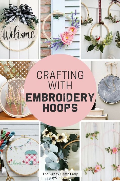 It’s time to get creative and make one of these unique embroidery hoop crafts – make wall hangers, wreaths, and so much more! Quilting Hoop Crafts, Upcycling, Diy Using Embroidery Hoop, Decorating Embroidery Hoop, Wooden Hoop Decor, How To Decorate Embroidery Hoop, Embroidery Hoop Decor Ideas, Fabric Embroidery Hoop Wall Decor, Crafts With Embroidery Hoops Ideas