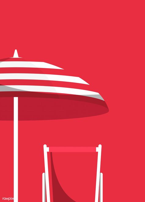 Umbrella and chair on a red background vector | free image by rawpixel.com / Aew Vivid Minimalism, Illustrator Landscape, Shade Painting, Summer Time Beach, Wood Labels, Swimming Posters, Beach Icon, Minimal Photography, Summer Illustration