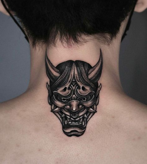 Oni Tattoo Chest, In Front Of Ear Tattoo Men, Small Oni Tattoo, Oni Mask Tattoo Shoulder, Oni Mask Back Tattoo, Japanese Neck Tattoo Men, Django Tattoo, Demon Head Tattoo, Hanya Mask Tattoo Design