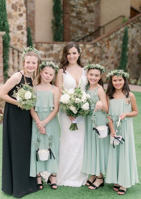 Sage Green Junior Bridesmaid Dresses, Flower Girl Dresses Sage Green, Sage Green Flower Girl Dress, Sage Green And White Wedding, Presley Wedding, Green Flower Girl Dresses, Blue Green Wedding, Bridesmaids Ideas, Flower Girl Wand